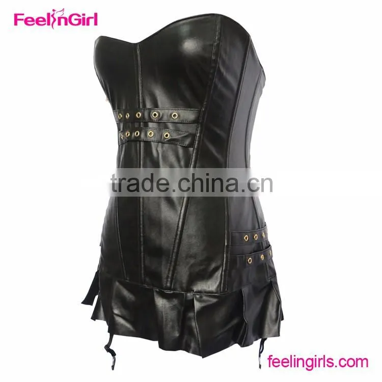 Women XXL Sexy Pattern Black Leather Corset Top
