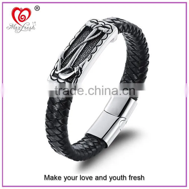 Chinese Manufacturer Maxfresh Stainless Steel Jewelry Bracelet with Genuine Leather length adjustable