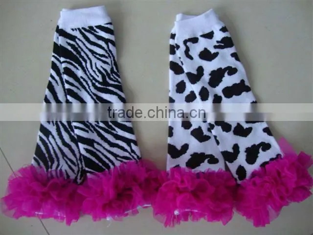 Wholesale chevron print cotton leg warmer with W strips and chifon ruffles for kids