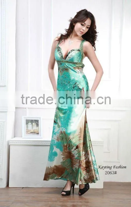 Sexy Backless fashion print satin beaded green evening dress 2063