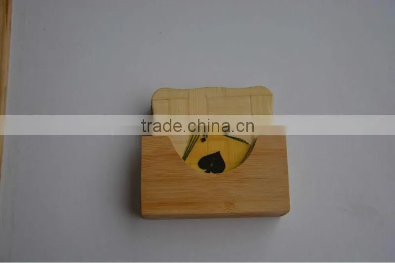 6 pcs Chinese Image Pattern Nature Bamboo Woode Coaster Kitchen Cup Mat with Wooden Holder Set