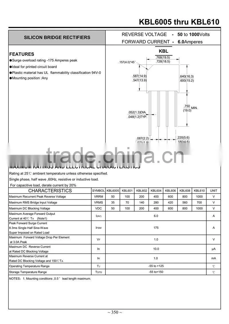6.0A Glass Passivated Single Phase Bridge Recitifiers KBL608