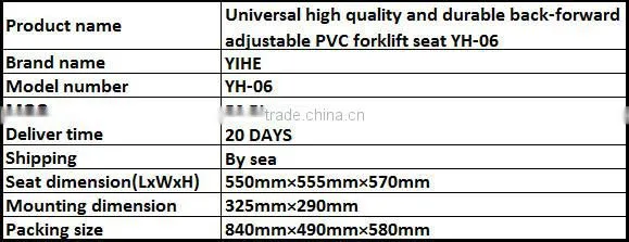 Universal high quality and durable back-forth adjustable PVC forklift seat YH-06