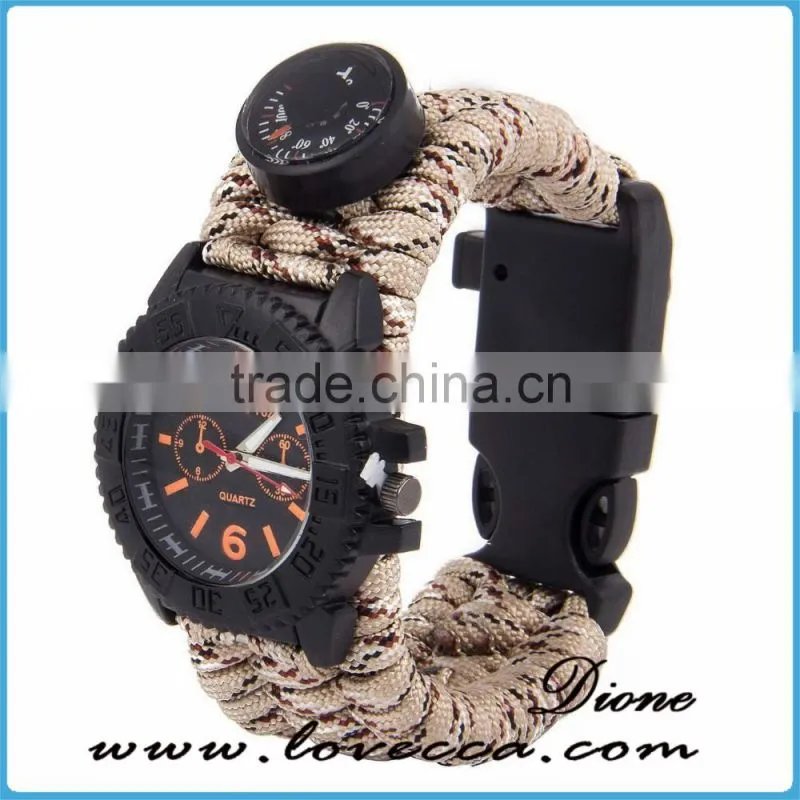 Survival Paracord Outdoor Bracelet Multifunction Watch With Compass Thermometer Whistle