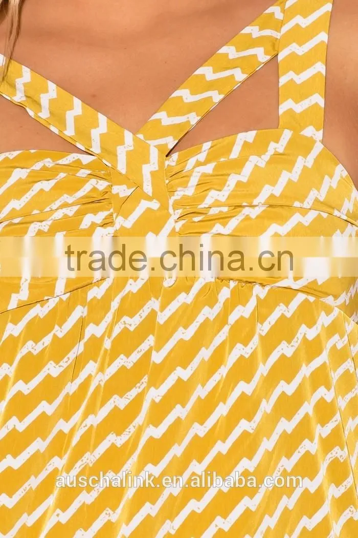 trendy woman yellow chevron print cut out party bulk tank top