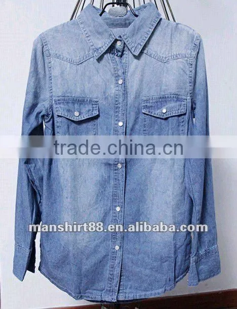 100% cotton washed women's top blouses denim shirts with 2 pockets and snap buttons