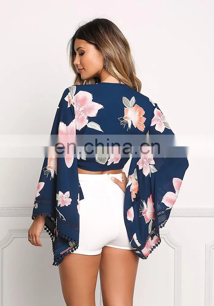 Navy Floral Bell Sleeve Front Tie Crop Top