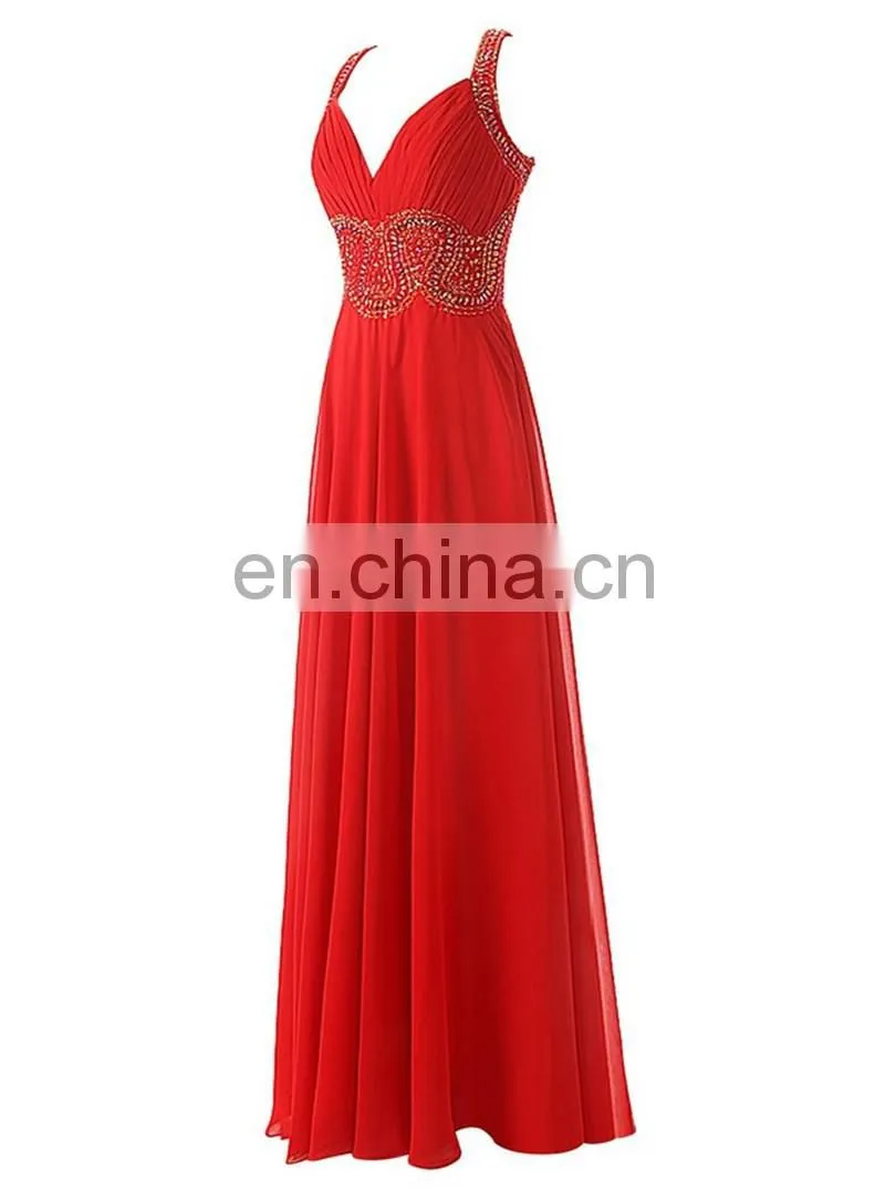 Red Spaghetti Strap Chiffon Long Evening Party Gowns 2016 A-line Criss Cross Strap Back Prom Dress with Crystals Sequined