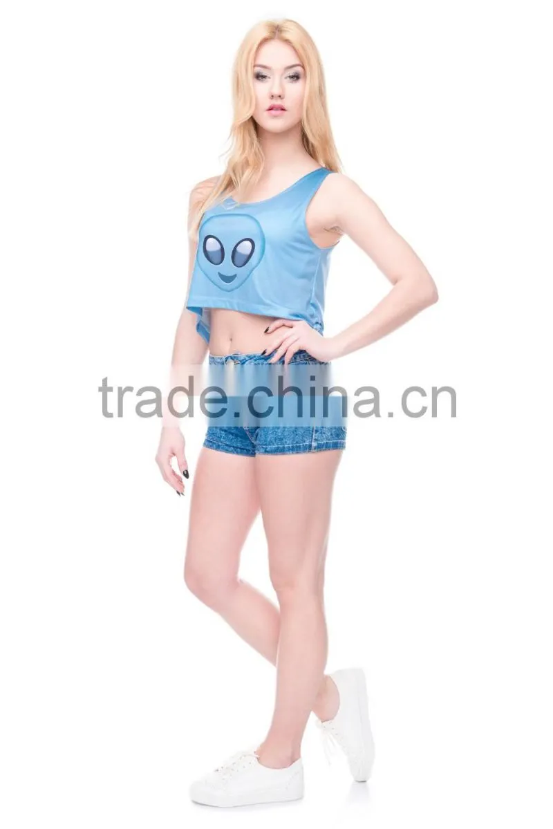custom plain women summer crop top 3d printed emoji alien black