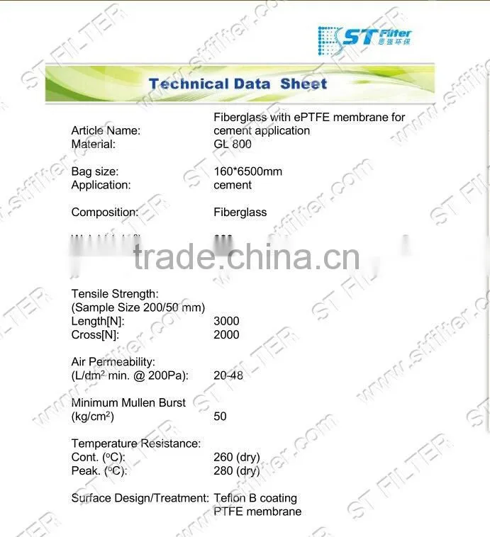 cement dust collector filter bag ,alkali-resistance fiberglass with e ptfe membrane filter bag