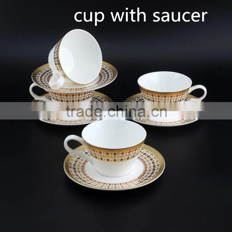 Round Shape Fine Bone China With Golden Flower Decal 200ml Cup with Saucer