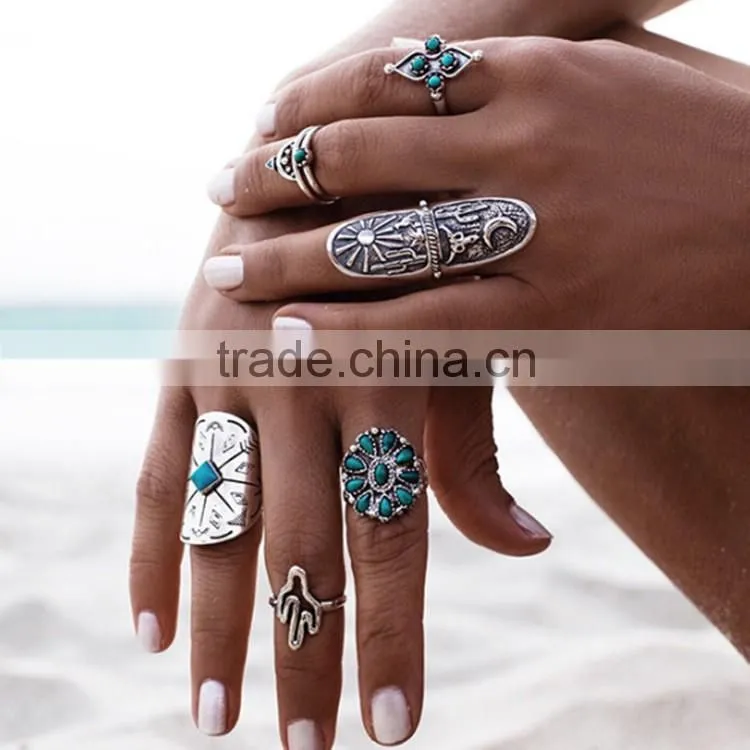 Bohemia Jewelry Set Turquoise Anti Silver Knuckle Carving Ring
