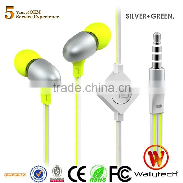 Newest 2013 Wallytech WHF-124 Metal in-ear zipper Earphone with Microphone Flat Cable for iPhone for Samsung