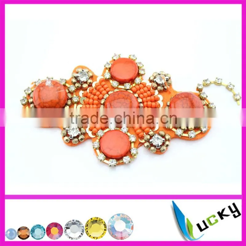 2014 New Design 100% handmade lace rhinestone applique with wooden beads crystal strass for clothes wedding shoe decoration