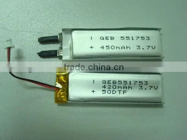 lithium polymer battery 3.7v with 450mAh rechargeable battery 551753 for digital products