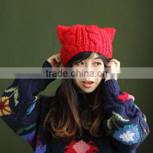 1x Braided Women Winter Warm Beanie Devil Horns Cat Ear Crochet Knit Ski Cap Hat