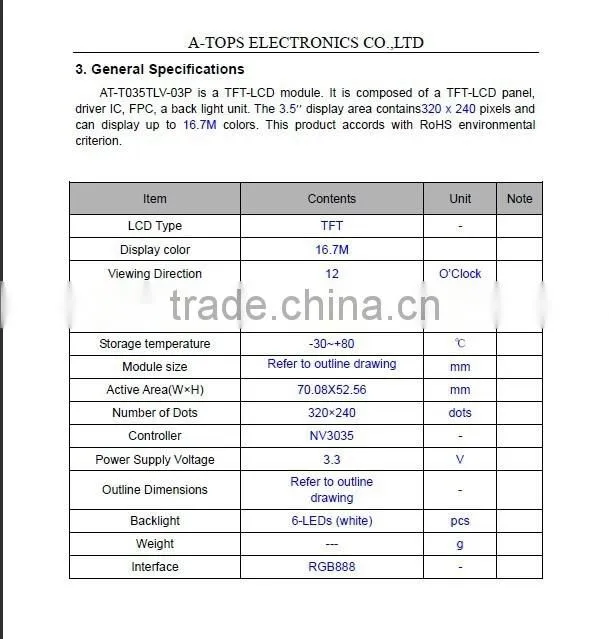 3.5 inch tft touch screen 320*240 with RGB interface