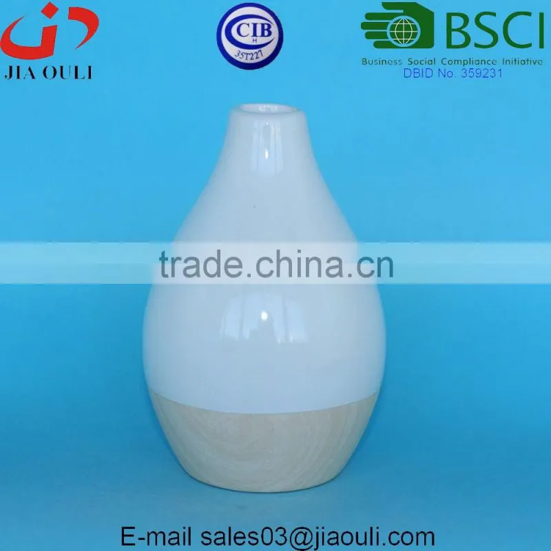 Popular style tall pillar with wood print bottom Ceramic white vase for decoration