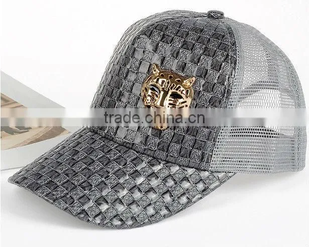 Hip hop metal plate cheap custom leather mesh baseball cap