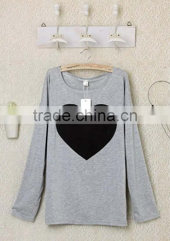2016 wholesale women's heart pattern o-neck long sleeve t-shirt