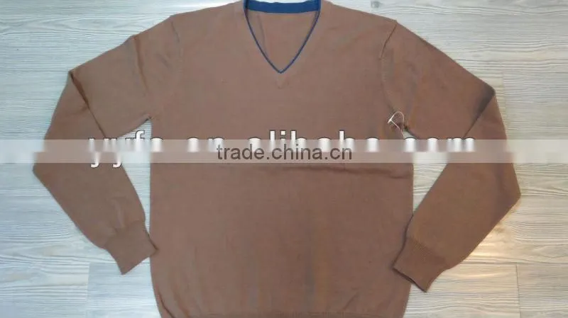 Brown V neck fashion design 100% cotton pullover knitted sweater