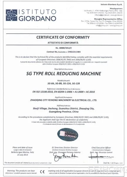 Cert of conformity -Roll reducing machine