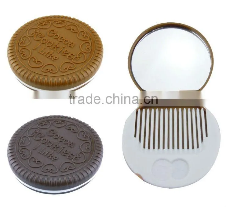 Promotional Costume Plastic Biscuit Pocket Mirror with Brush Comb