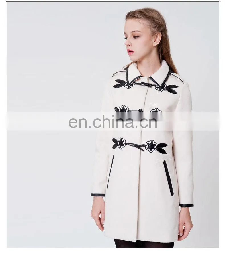 European style elegant women wool fashion design coats 2014 with PU leather horn button