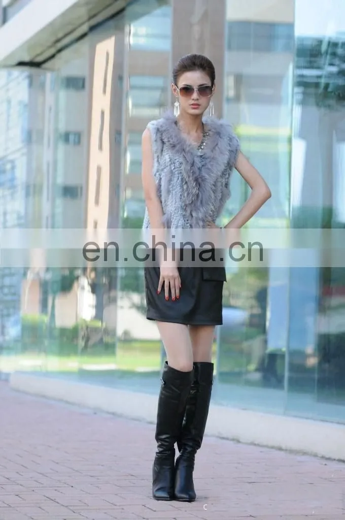 European style knitted rabbit fur vest with raccoon fur trimming for women
