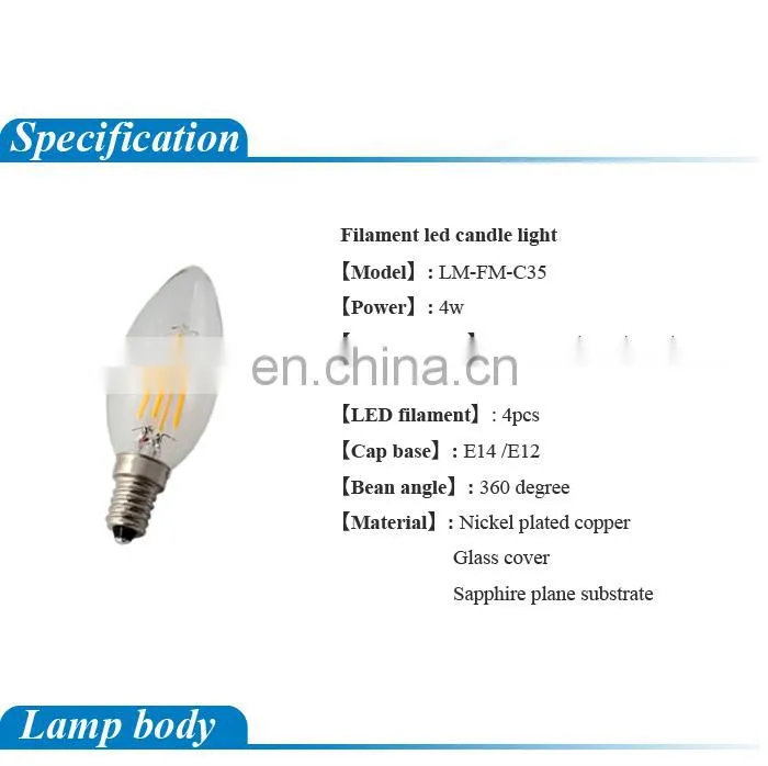 Langma Shenzhen led supplier CE 230V Clear all Glass Candle 360 degree Ra>80 2W 4W C35 Filament Bulb led 230v e14 UL/CUL