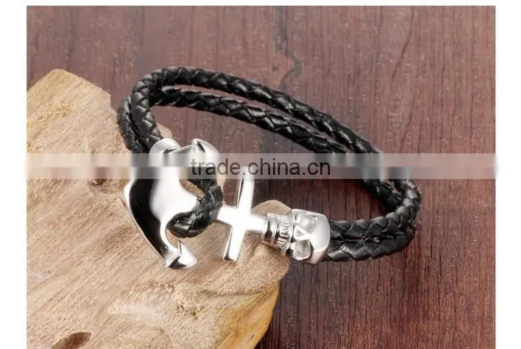 Cheap stainless steel skull boat anchor double braided leather bracelet punk rock style
