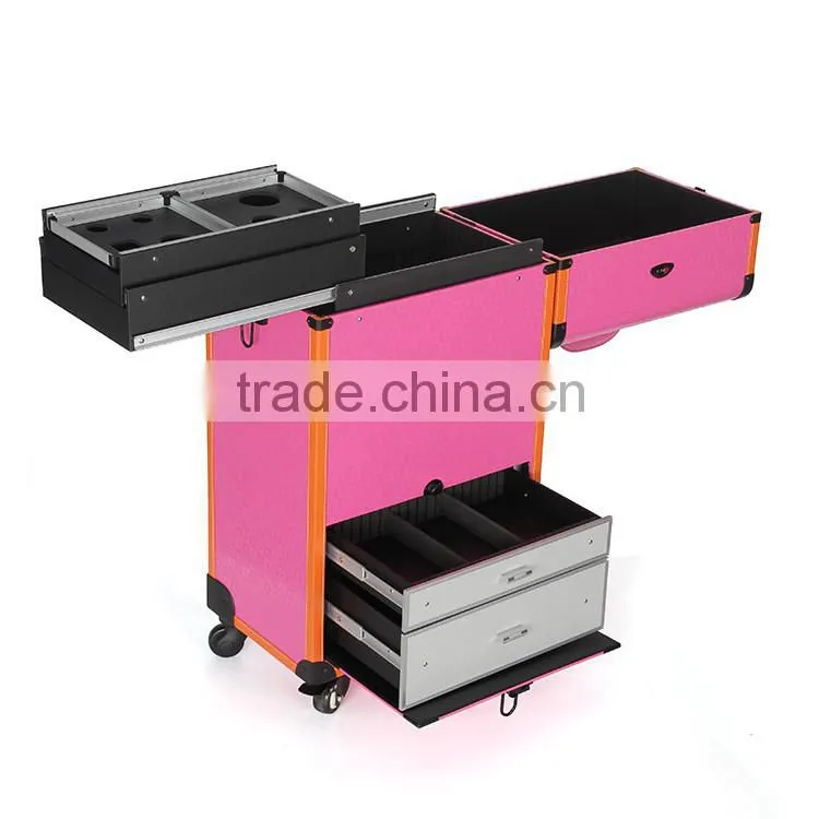 wholesale fushia trolley hairdressing artist case on 360 degree rolling wheels with drawers for makeup