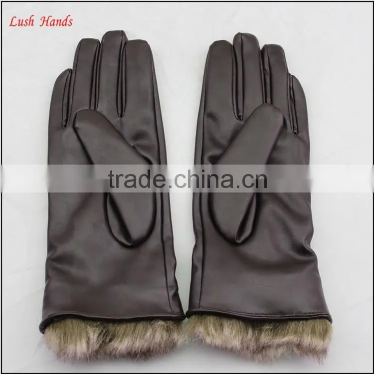 ladies brown pu leather hand gloves with fake fur