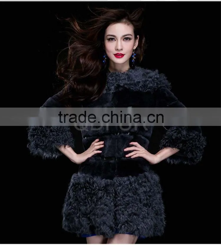 QD29641 New Design Rex Rabbit Fur Coats With Lamb Fur Trim