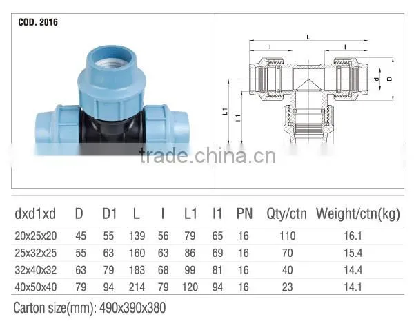 2014 90 TEE WITH INCREASED TAKE OFF PP COMPRESSION FITTINGS