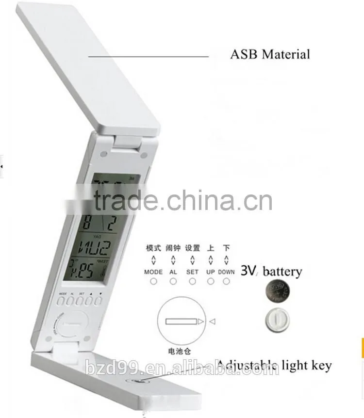 USB Port Recgargeable Flexible Folding LED Desk Lamp with Calendar Timer Temprature and Alarm Clock Functions