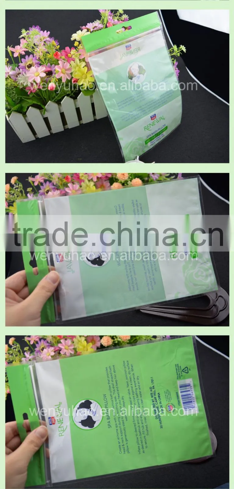 high quality factory wholesale PET+CPP 2 layers lamination header spa bath pillow packingbag with hanging hole