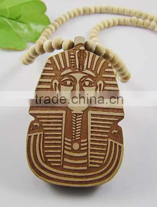 Large Wooden King Tut Pharaoh Pendant Wood Jewelry Necklace
