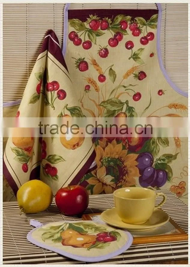 printed cotton kitchen apron set pot holder oven mitten apron set with rooster design