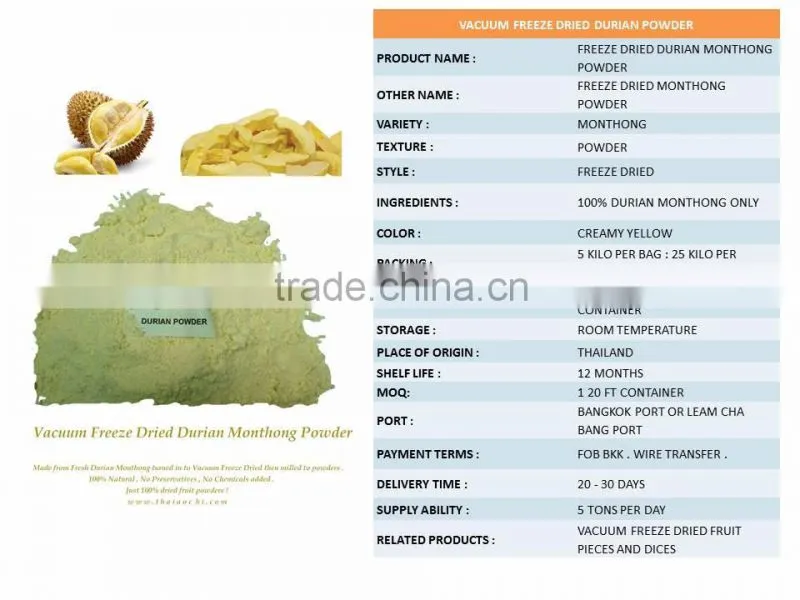 Monthong Durian powder 100% Natural freeze dried.