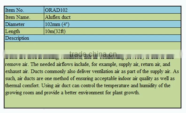 High Quality 4" aluminum flexible air duct for hydroponic system