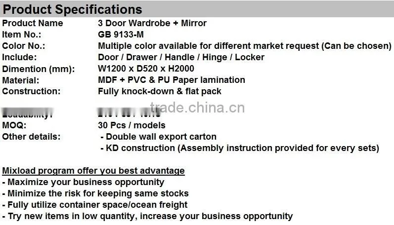 3 Doors Wardrobe With Mirror, Wooden Almirah Designs, MDF Wardrobe Furniture