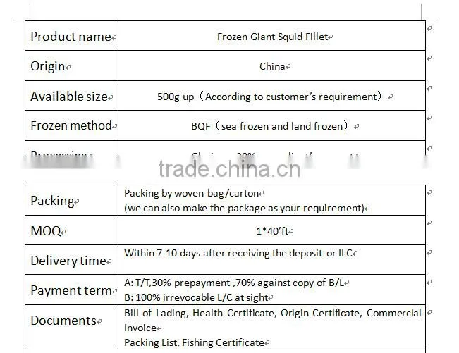 all type of seafood squid fillets