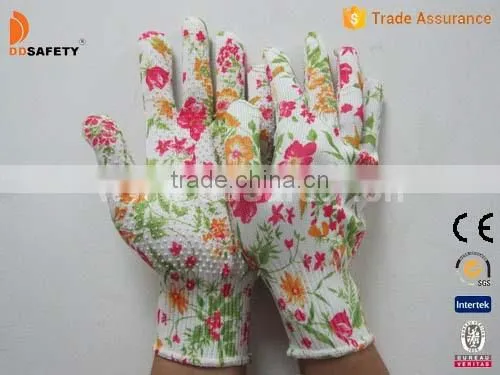 13 Guage Flower Design Seamless Gloves Garden Gloves With PVC Dots On One Sides