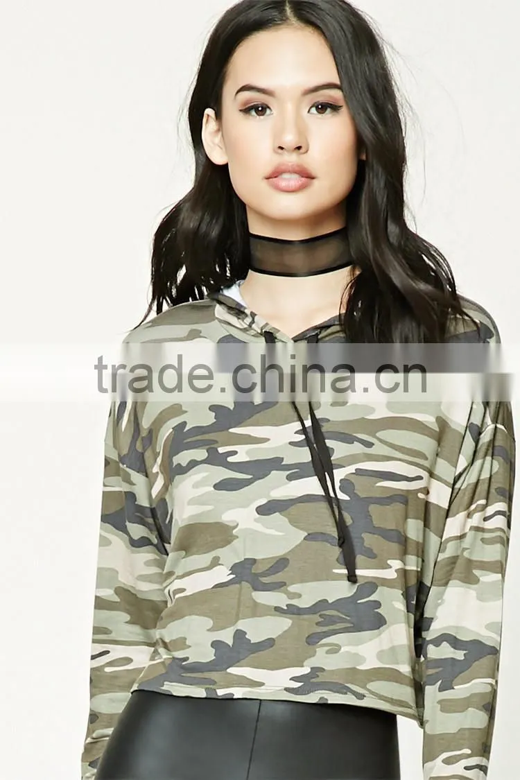 Pullover Hoodie Manufacturers, 95% Rayon 5% Spandex Long Dolman Sleeves Camo Print Cropped Hoodie Ladies