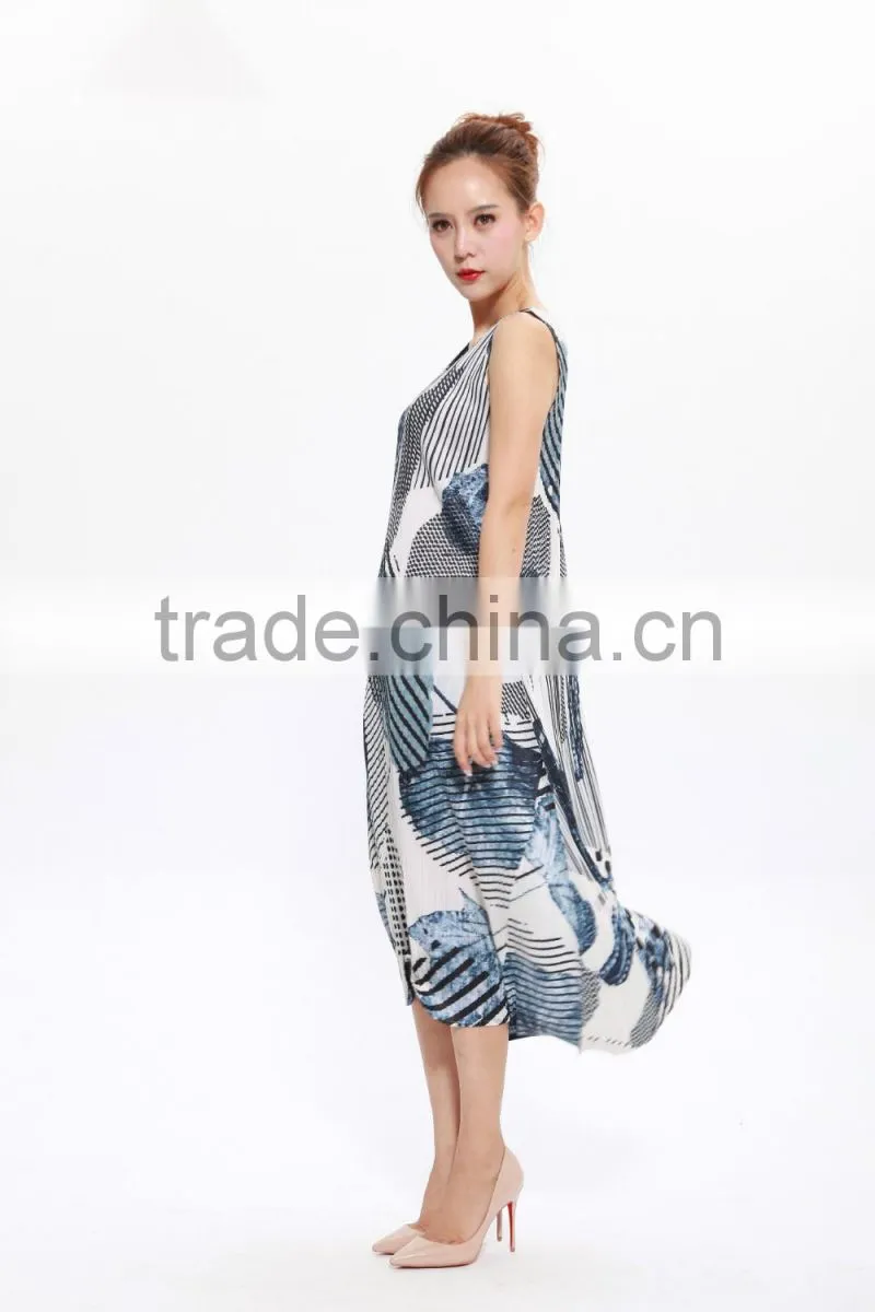 Wash painting goffer sleeveless women summer maxi dress