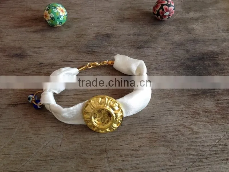fabric cloth Bracelet with polymer clay flower charm, gold teapot charm silk cloth Bracelet new design fabric bracelet