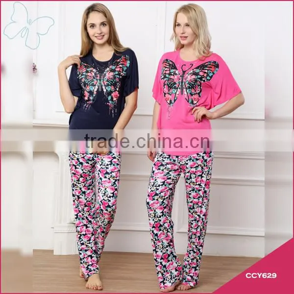 Fancy 100%viscose pajamas&sleepwear butterflies printed designs plus size women pajamas