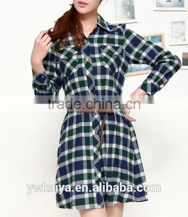 2014 new pattern 100% cotton plaid long sleeve long women blouse office wear