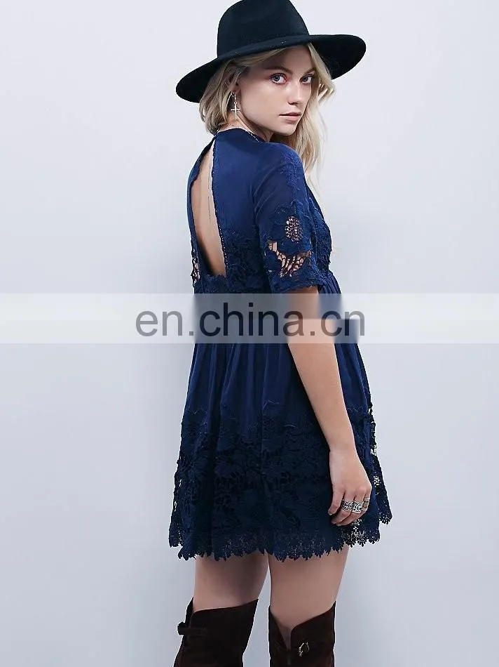 High quality short sleeve back open lace dress, tee lace dress